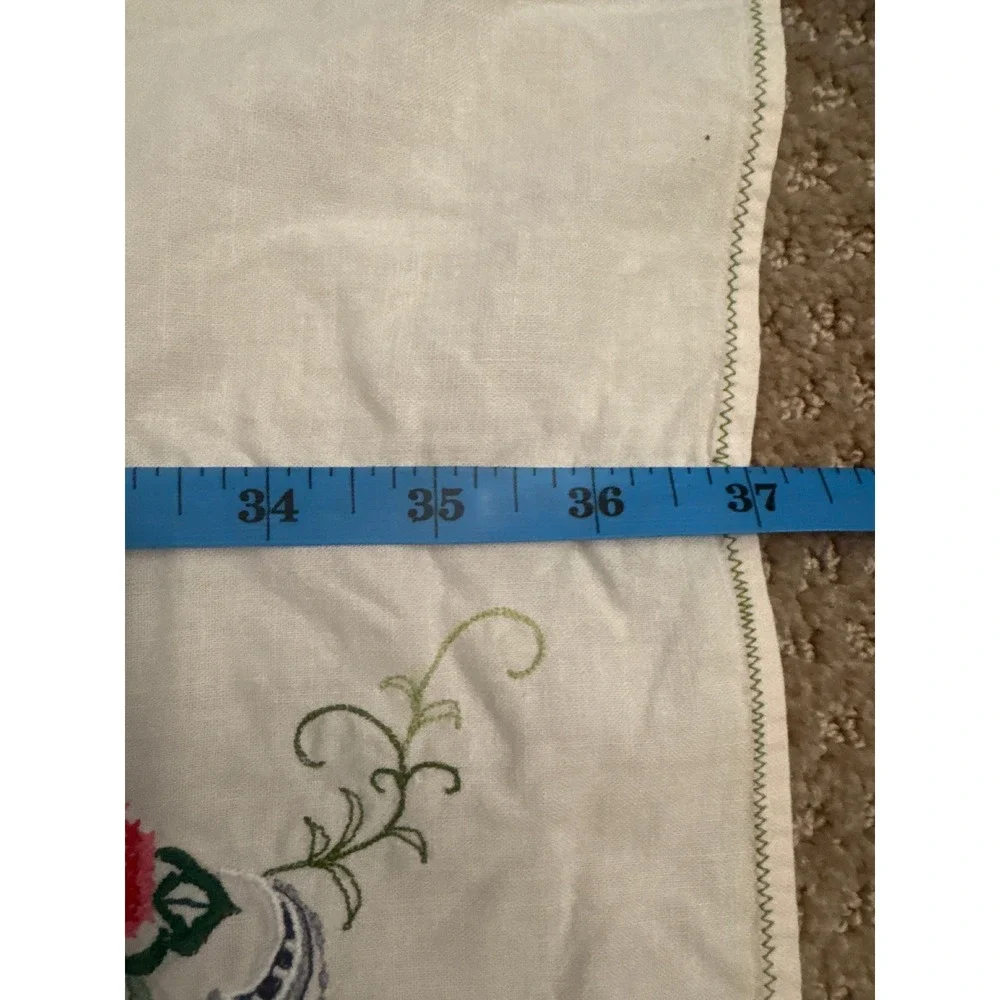 Vintage Hand Embroidered Linen Square Tablecloth Red Yellow Roses White 37x37